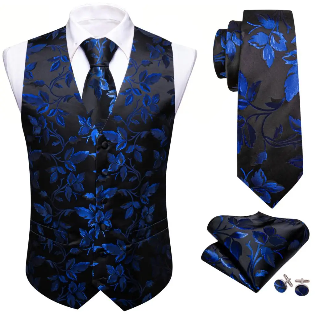 Top Trends: Luxury Vest For Men Blue Black Flower Silk Slim Fit Waistcoat Tie Hanky Set Wedding Formal Business Sleeveless Jacket Barry Wang Shoppable Styles