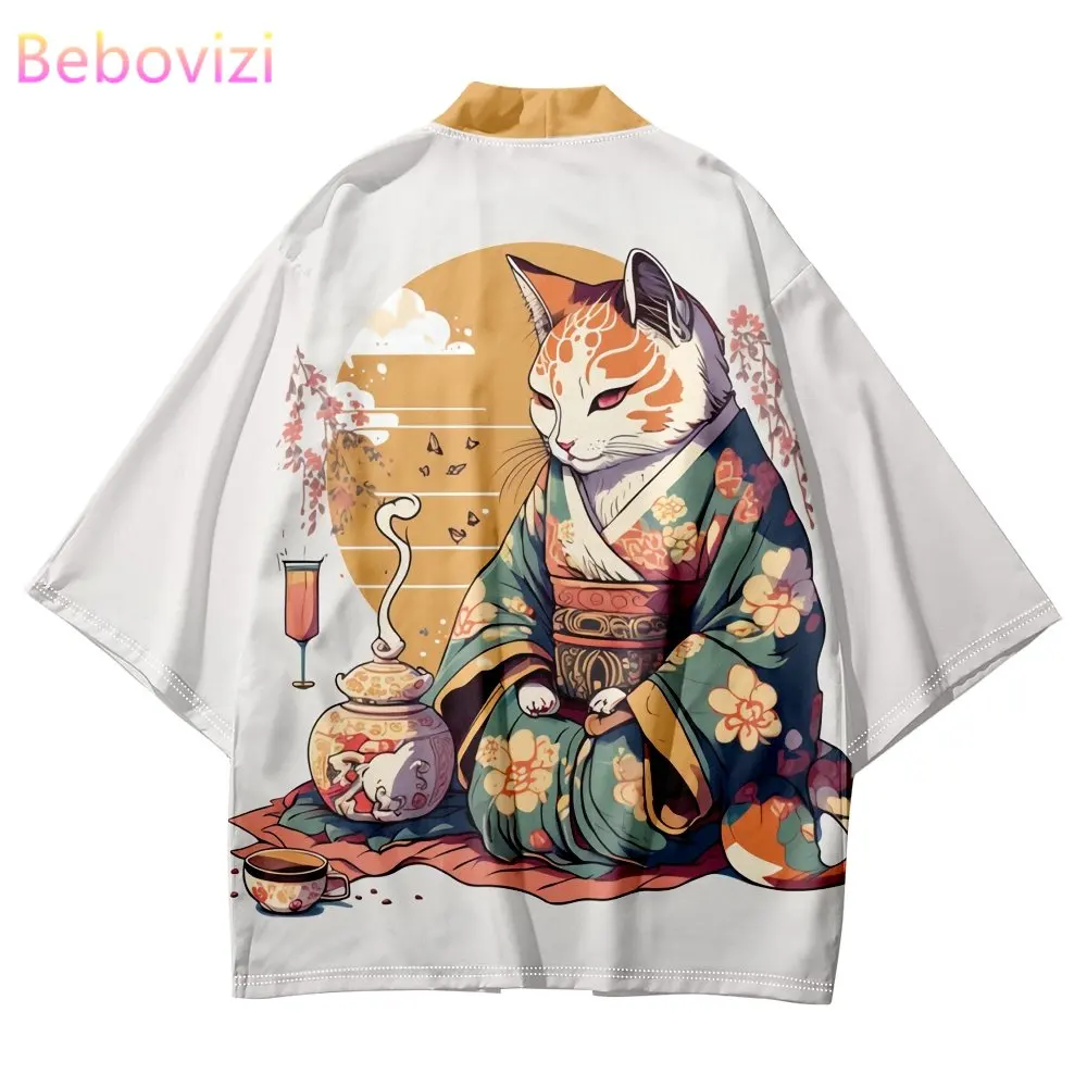 Top Trends: Japanese Anime Cat Print Kimono Streetwear Vintage Men Women Cardigan Haori Harajuku Traditional Beach Yukata Plus Size 5XL 6XL Shoppable Styles