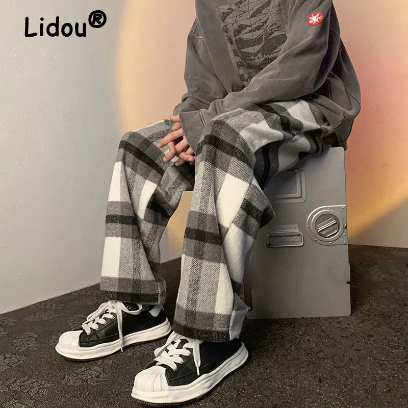 Top Trends: Spring Autumn Vintage Plaid Korean Casual Wide Leg Pants Man Woolen Streetwear Straight Fashion Loose Trousers Pantalon Homme Shoppable Styles - Image 5