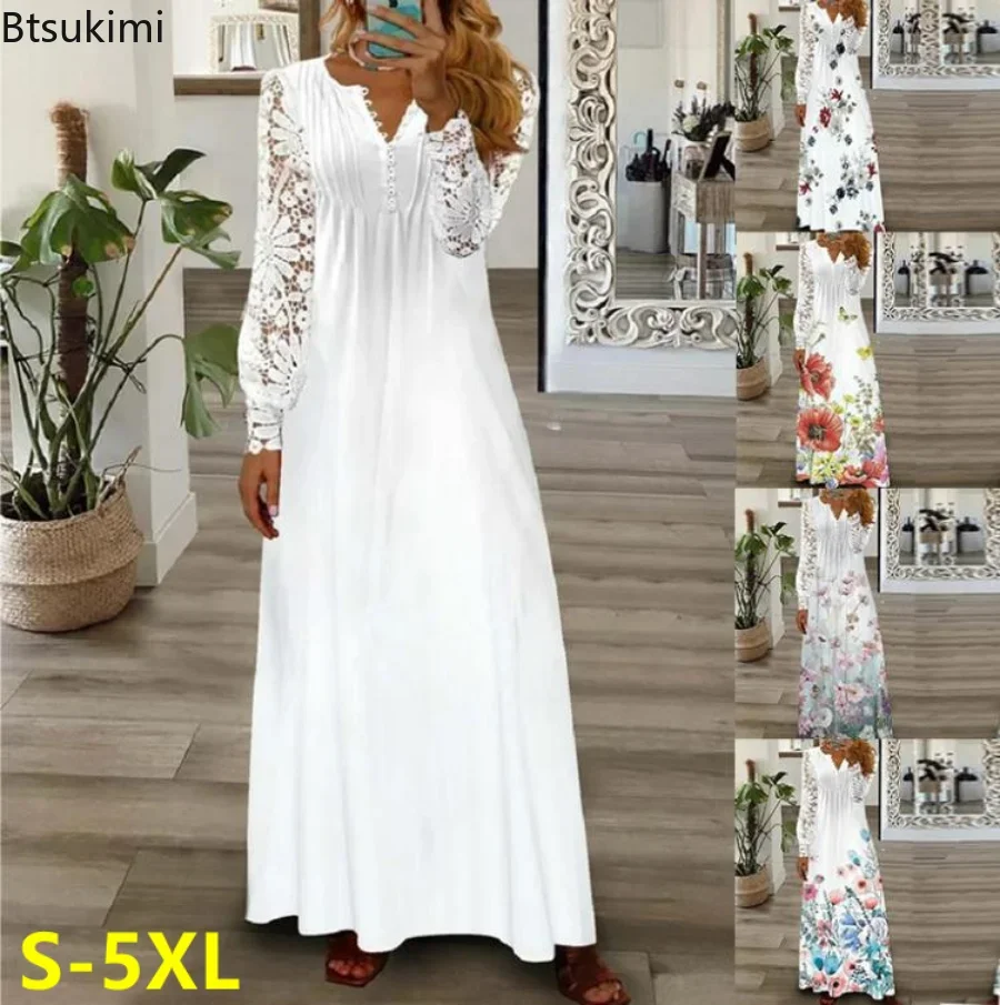 Top Trends: Plus Size 4XL 5XL Women's Elegant Long Dress Buttons V Neck Sexy Lace Long Sleeves Dresses For Women Slim Fit Party Vestidos New Shoppable Styles