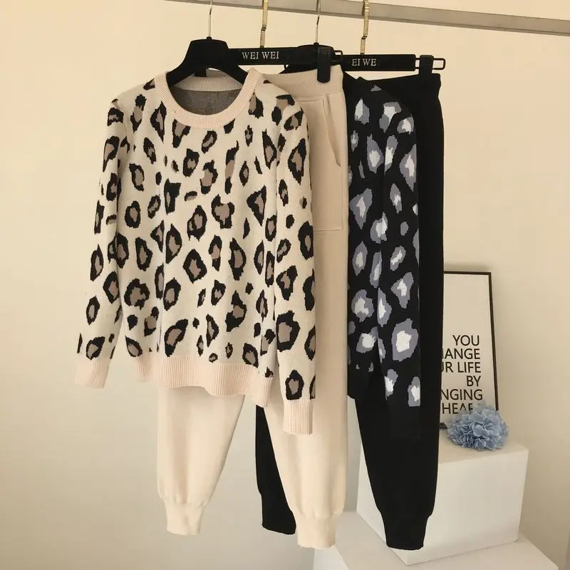 Top Trends: Fashion Leopard Sweater 2 Peice Sets Women Long Sleeve Knitted Top+ Stretch Harem Pant Suits Vintage Ankle-Length Pant Tracksuits Shoppable Styles - Image 4