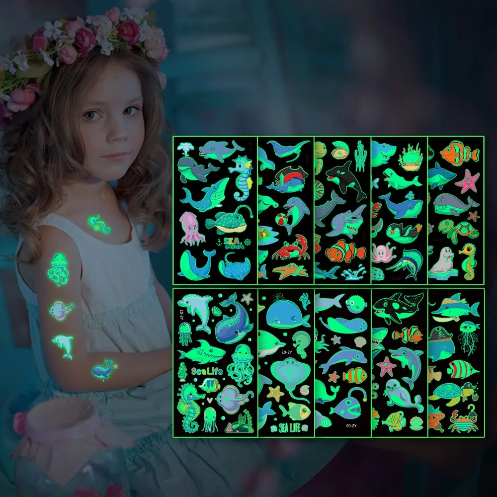 Top Trends: 5Pcs / set Luminous Night Tattoo Stickers For Children Fish Dolphin Temporary Waterproof Tatto Body Art Kid Cartoon Fake Tatoo Shoppable Styles