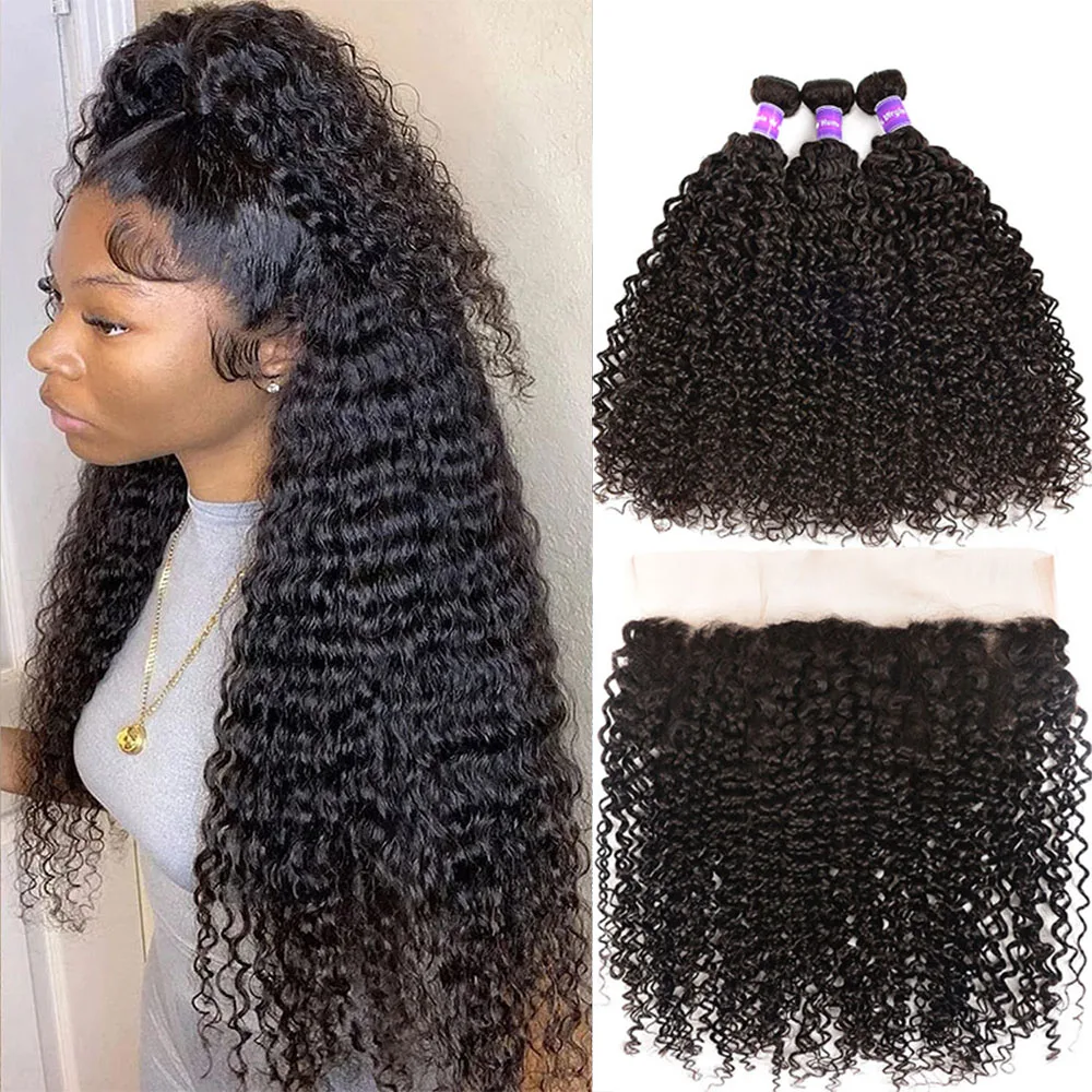 Top Trends: Kinky Curly Bundles With Frontal Brazilian Hair 3 / 4 Bundles 13x4 Lace Kinky Curly Virgin Hair With Baby Hair For Black Women Shoppable Styles