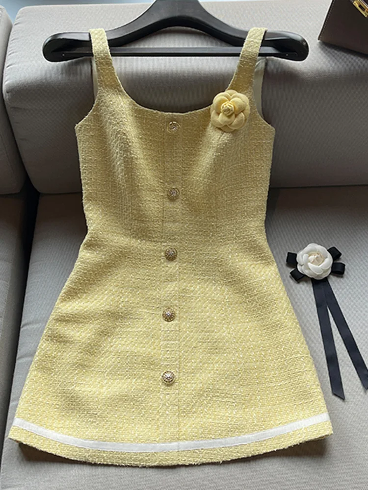 Top Trends: Korea Small Fragrance Sleeveless Dress Summer Women Gold Buttons Slim Waist Sexy Vintage Tweed Female Vest Dresses 3D Flowers Shoppable Styles