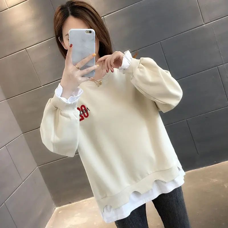 Top Trends: Fashion O-Neck Embroidery Fake Two Pieces T-Shirt Female Clothing 2023 Autumn Loose Commute Tops Casual Tee Shirt Shoppable Styles - Image 5