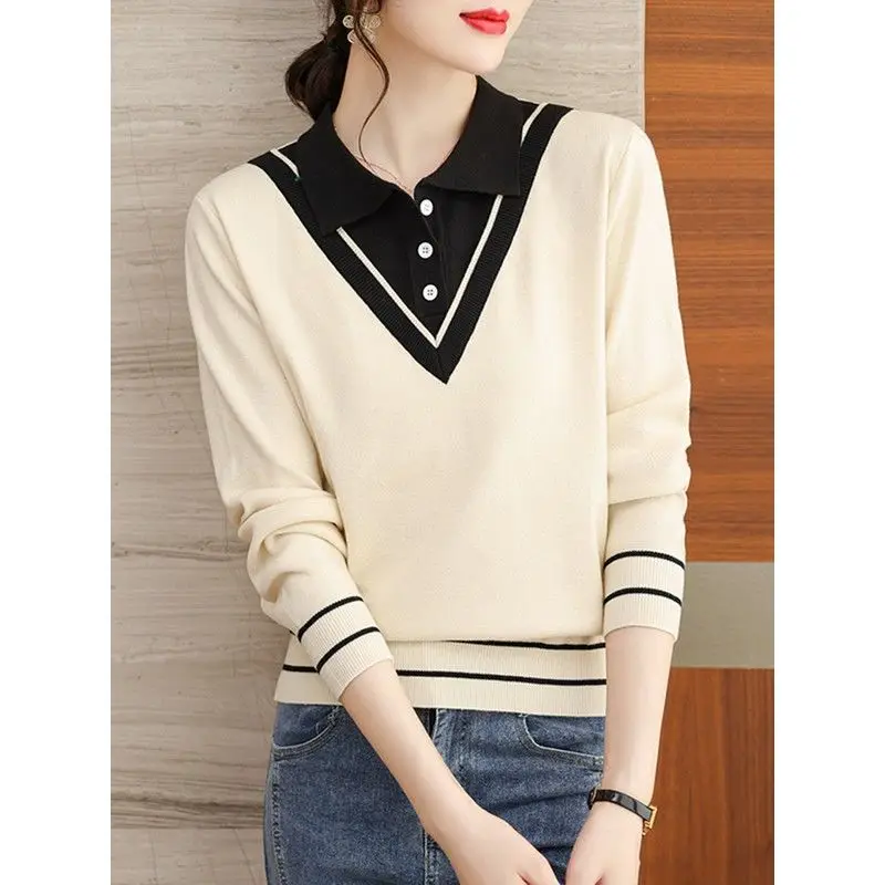 Top Trends: Spring And Autumn Women's Fashion Elegant Fake Two Piece Polo Neck Knit Loose Solid Color Pullover Casual Panel Sweater Tops Shoppable Styles - Image 3