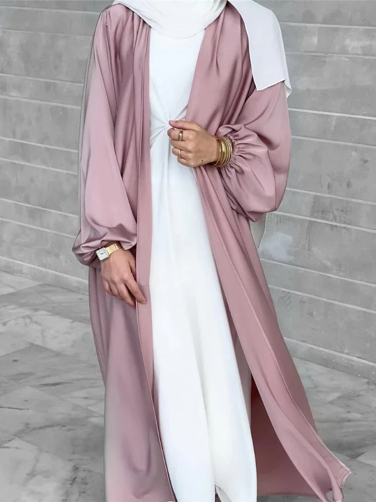 Top Trends: Turkey Satin Abaya Kimono Turkey Puff Sleeve Open Abayas For Women Dubai 2023 Muslim Hijab Dress Modest Islamic Clothing Kaftan Shoppable Styles