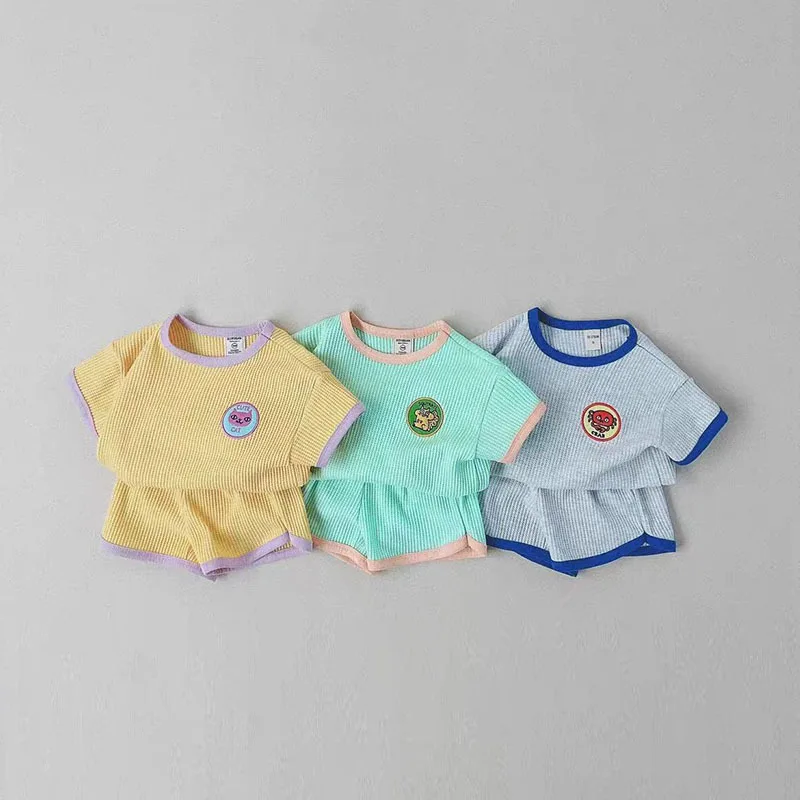 Top Trends: Summer New Baby Short Sleeve Clothes Set Toddler Cotton Waffle Outfits Children Tops + Shorts 2pcs Suit Candy Color T Shirts Set Shoppable Styles