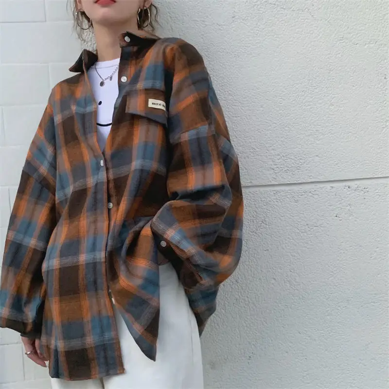 Top Trends: Plaid Long Sleeves Shirt Women Button Retro Blouse Streetwear Casual Loose Tops Korean Fashion Vintage Spring Autumn Jacket New Shoppable Styles - Image 6