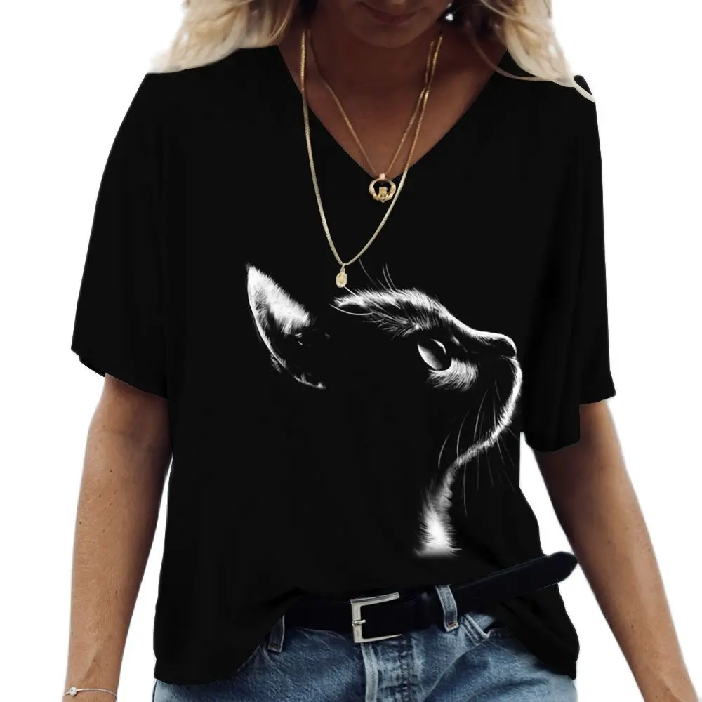 Top Trends: Fashion Woman Blouses 2022 T-shirt Women's 3d Cats Print Black Kawaii T Shirt Female Clothing Oversized Summer Ladies V-neck Top Shoppable Styles