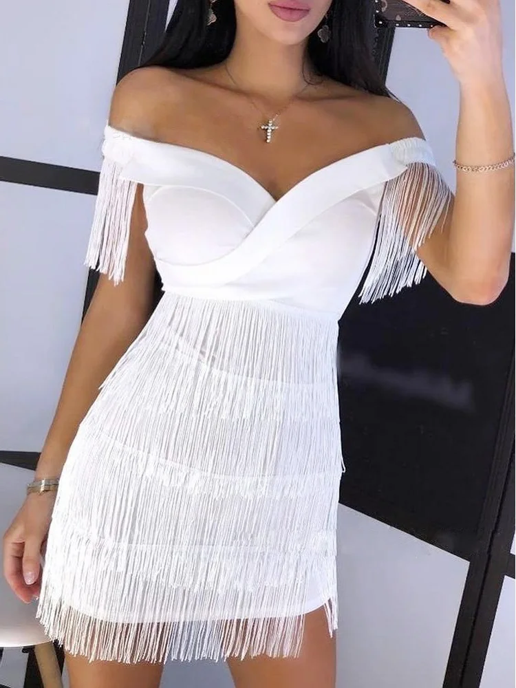 Top Trends: White Fringe Celebrity Evening Runway Party Dress Women Sexy Tassels Short Sleeve Club Dress Vestidos 2023 Shoppable Styles