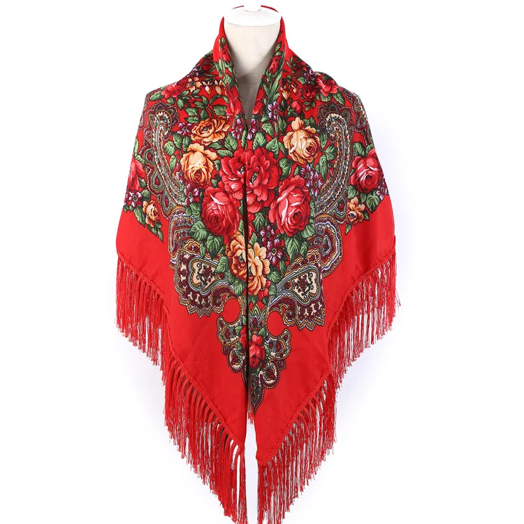 Top Trends: Women Russian Style Peony Floral Printed Long Tassel Large Square Scarf Warm Cotton Wrap Traditional Ethnic Mexican Shawl Shoppable Styles