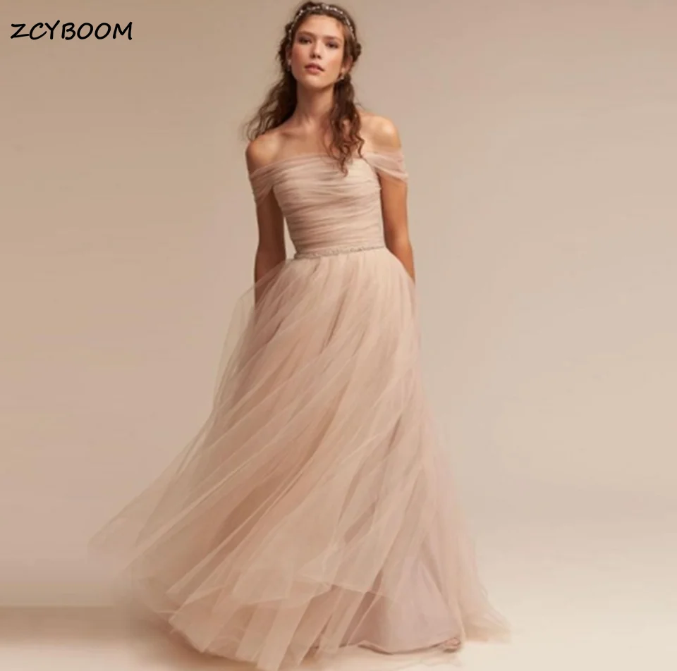 Top Trends: 2023 Flesh Pink A-Line Tulle Prom Dresses Elegant Women Off Shoulder Formal Party Sexy Long Vestidos Simple Summer Evening Dress Shoppable Styles