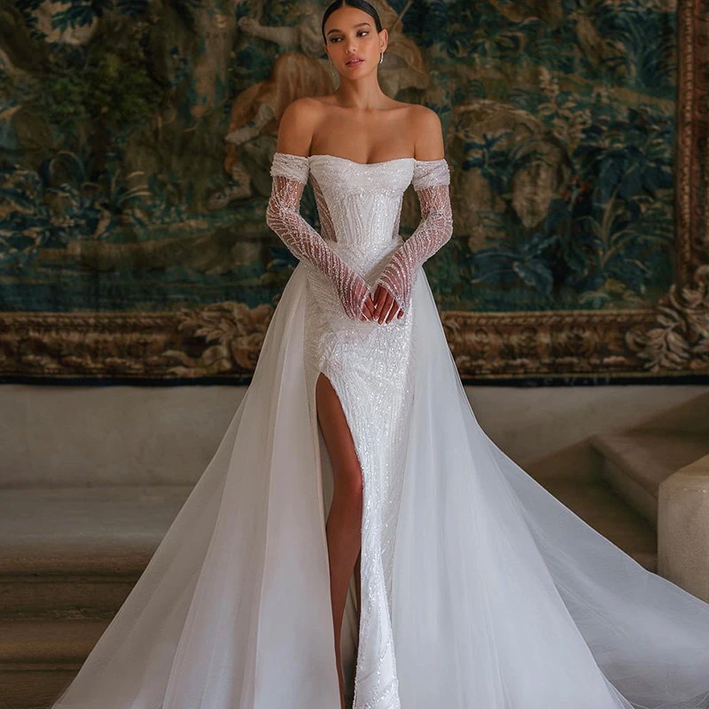 Top Trends: Detachable Train Luxury Wedding Dresses Mermaid Sequins Off Shoulder Long Sleeves Bridal Gown Sexy Side Split Vestido De Novia Shoppable Styles - Image 4