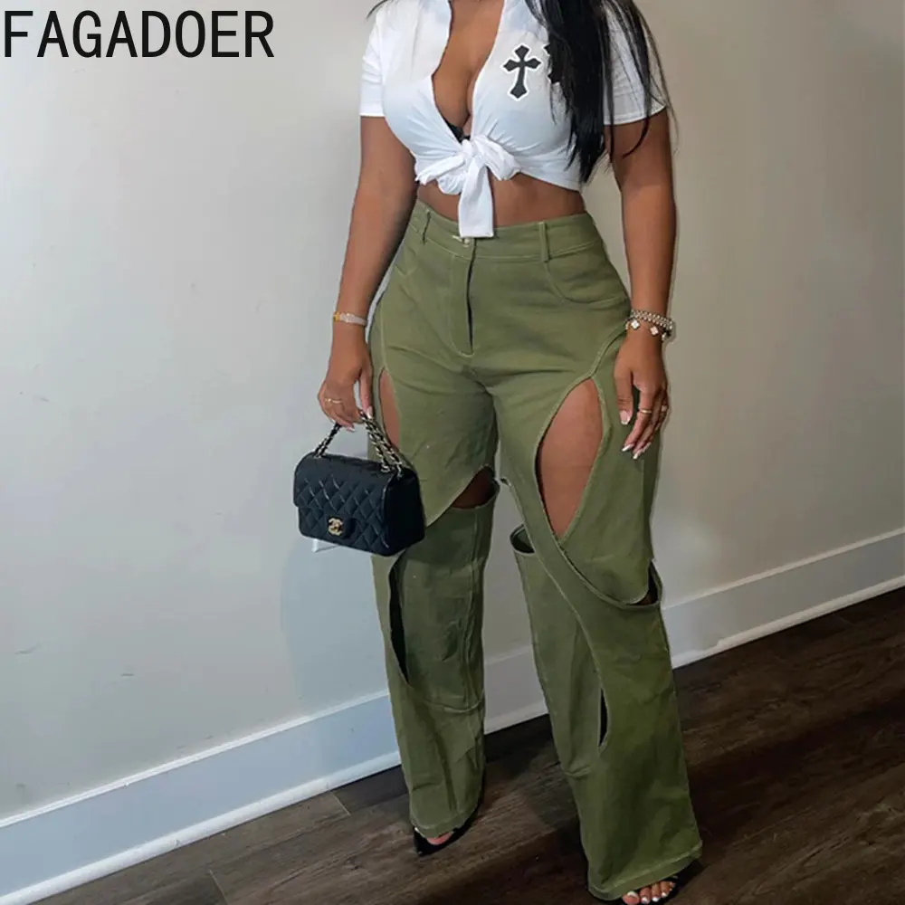 Top Trends: FAGADOER Fashion Street Style Women Hollow Out Patchwork Wide Leg Pants Casual Solid Color High Waisted Button Trousers Clothing Shoppable Styles