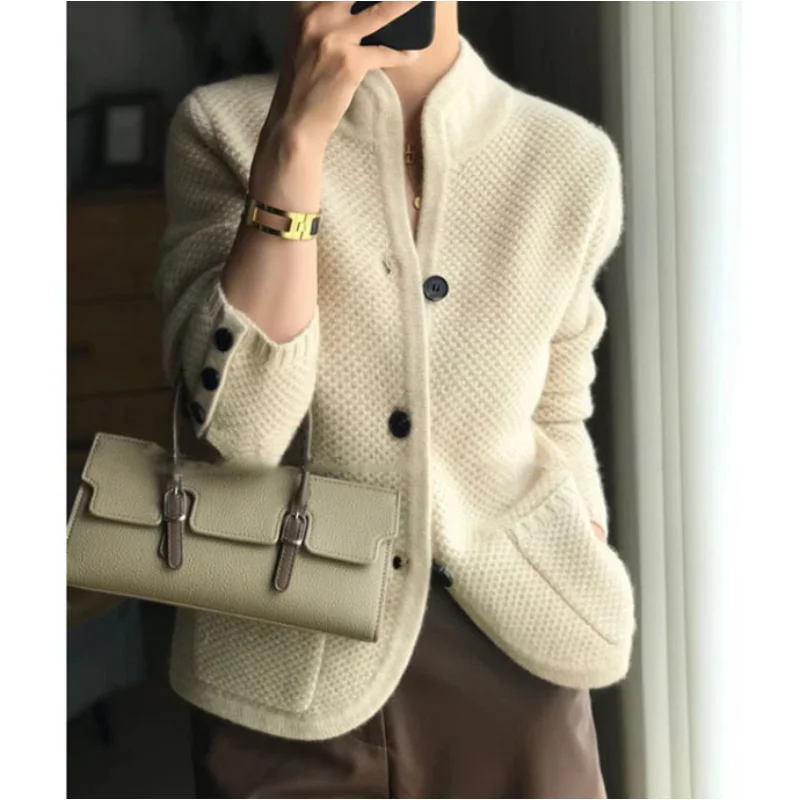 Top Trends: White Knitted Sweater Coat Thickened 100% Pure Cashmere Cardigan Women Stand Neck Sweater Loose Knitwear Elegant Sweater Jacket Shoppable Styles