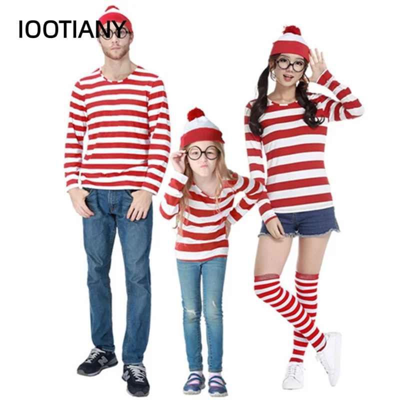 Top Trends: S-XXL Parent-Child Cartoon Where Is Wally Waldo Costume Waldo Book Week Cosplay Outfit Stripe Shirt Hat Glasses Kit Shoppable Styles