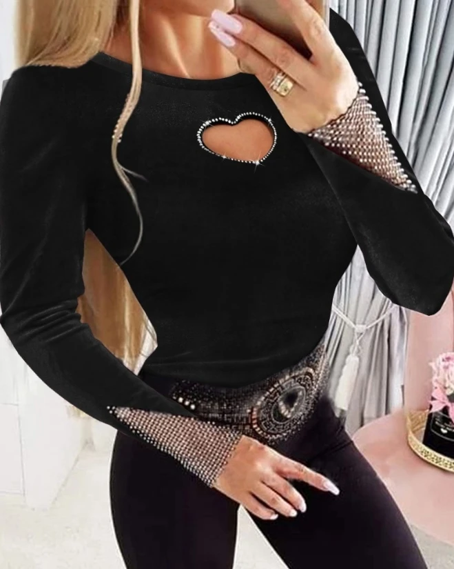 Top Trends: Woman Sexy Blouses 2024 Autumn Rhinestone Hollow Heart Velvet Patchwork Ribbed Knitted O-Neck Sweater Long Sleeve Slim Pullover Shoppable Styles