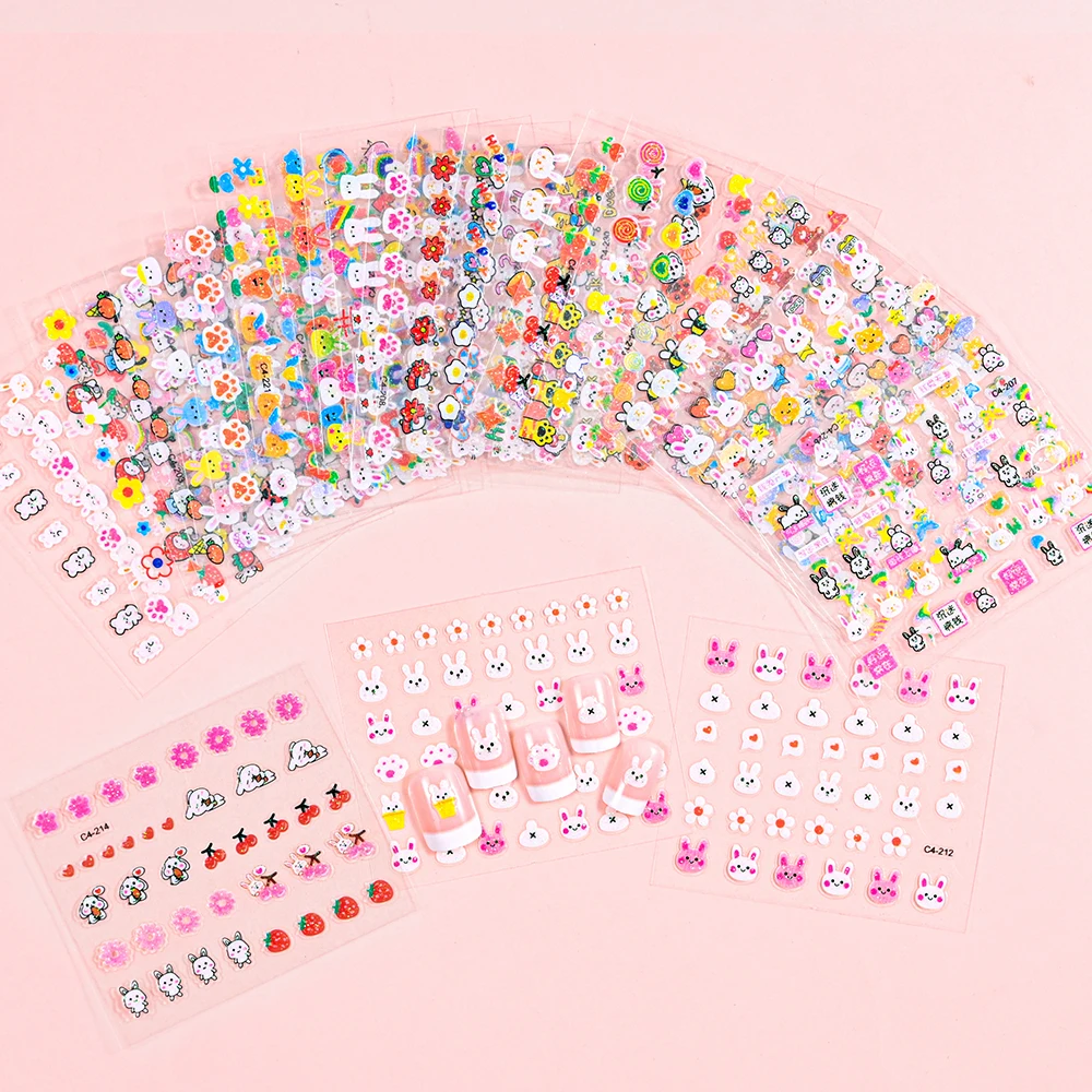 Top Trends: 30pcs / set 3D Kawaii Cartoon Rabbit Glitter Nail Stickers Bow Flowers Sliders Self Adhesive Cute Cartoon Nail Decals For Children Shoppable Styles