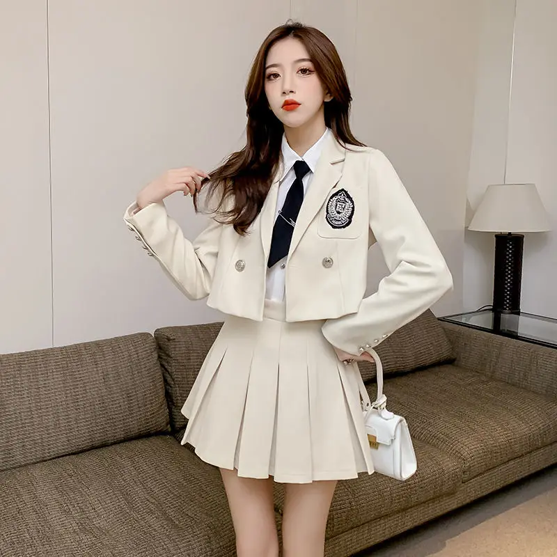 Top Trends: 2023 Autumn New Korea Japan Style Jk Set Women&#039;s Short Suit Jacket White Shirt Short Pleated Skirt Fashion Uniform Set G834 Shoppable Styles