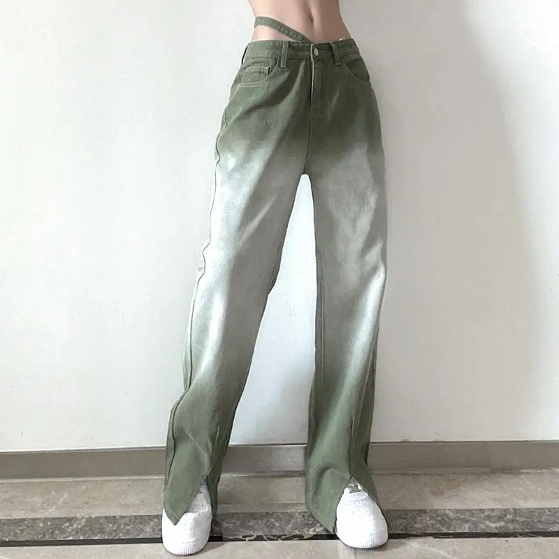 Top Trends: Streetwear Fashion Women Gradient Jeans Spring Autumn Hip Hop Loose Trousers High Waist Loose Y2k Straight Wide Leg Split Pants Shoppable Styles