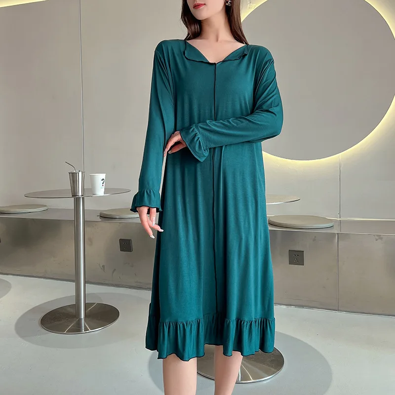 Top Trends: Fdfklak Modal Night Dress Women Lingerie Sexy Sleepwear Spring Summer Long Sleeve Nightgown V-Neck Leisure Girls Nightdress Shoppable Styles