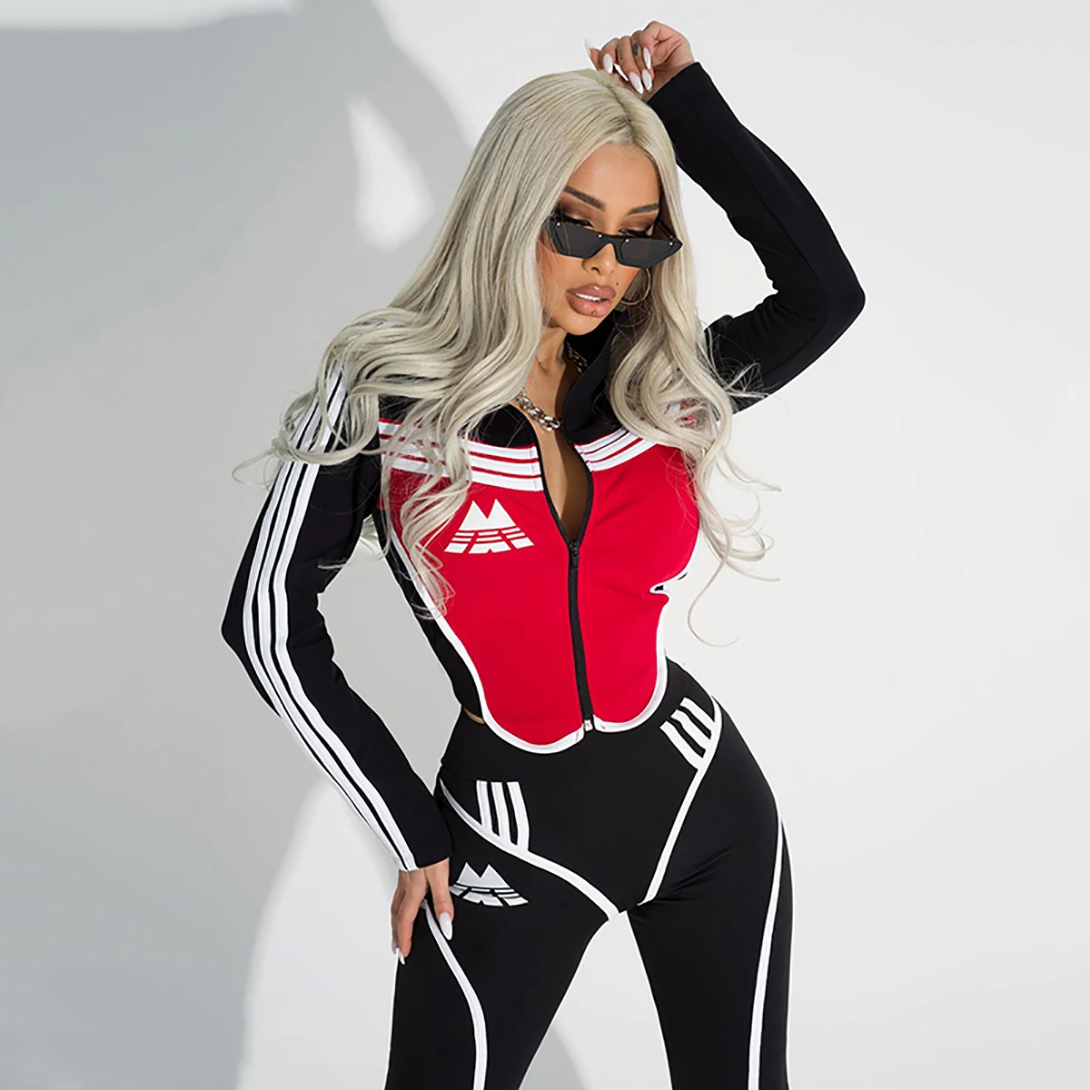 Top Trends: Oshoplive Female Fashion Sportswear Black And Red High Waist Slim Zipper Striped Color Block Sports Gym Yoga Suits For Women Shoppable Styles