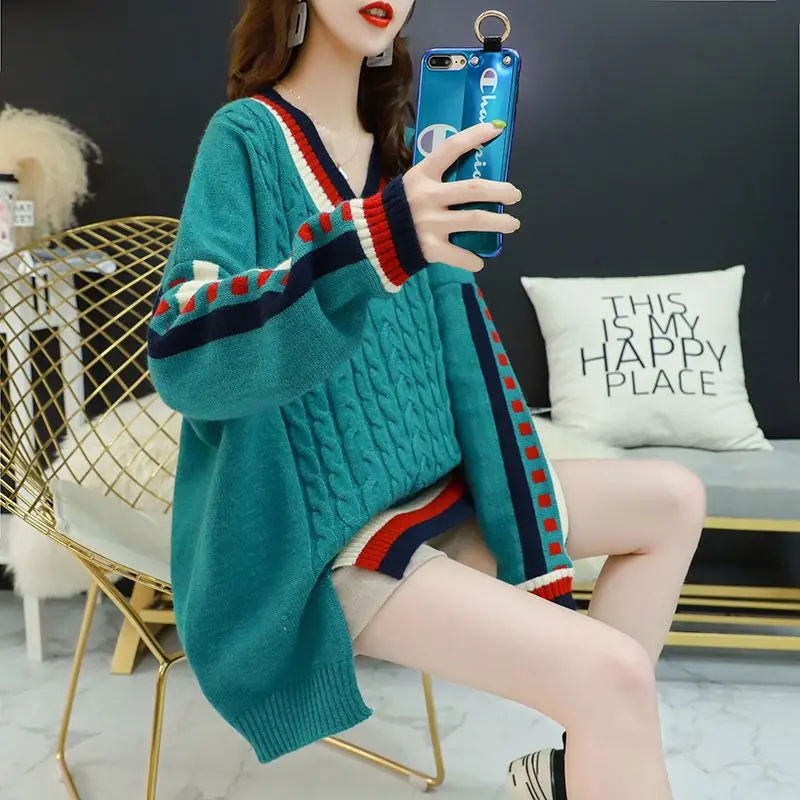 Top Trends: Fashion V-Neck Spliced Loose Asymmetrical Sweaters Female Clothing 2023 Autumn Winter Oversized Casual Pullovers Korean Tops Shoppable Styles