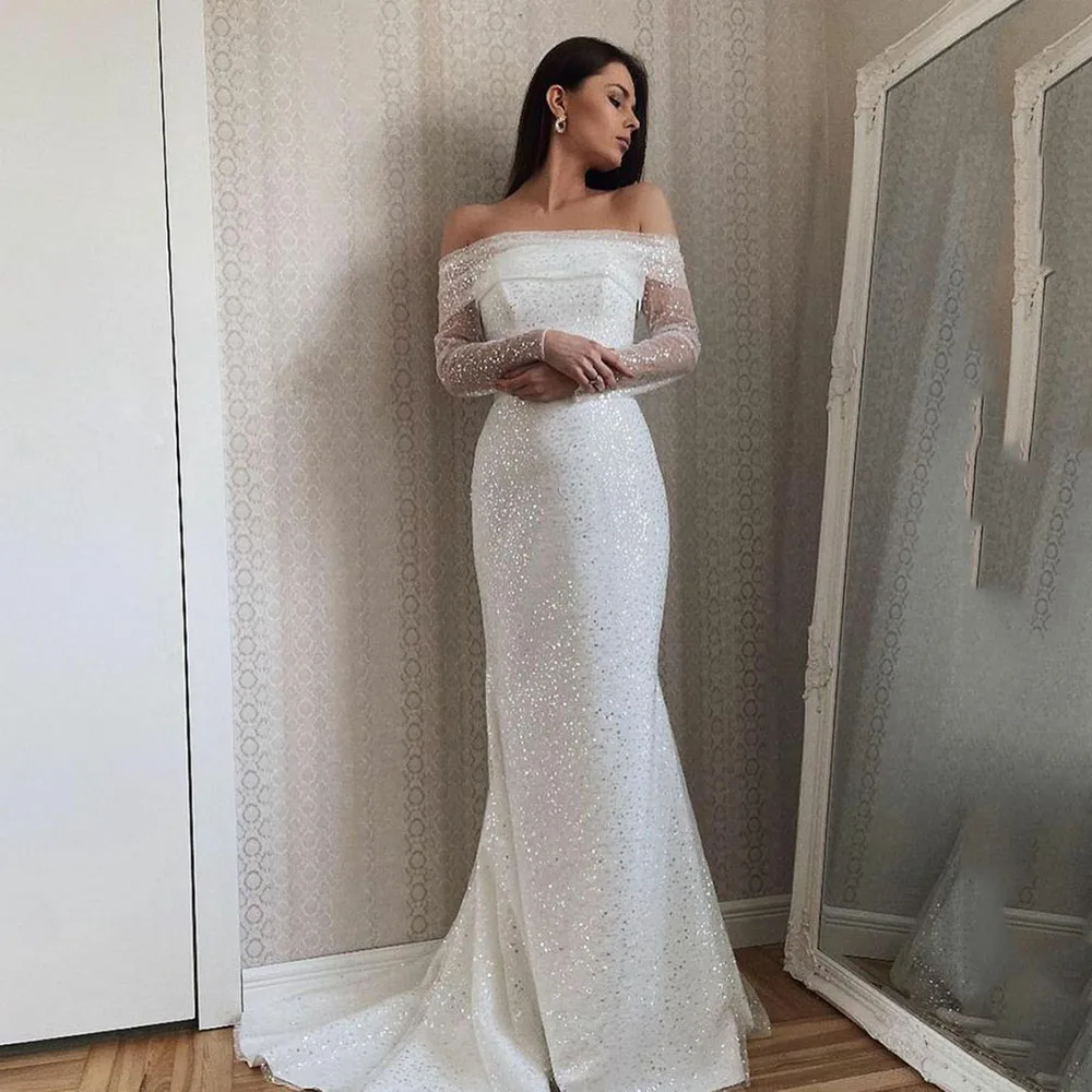 Top Trends: Msikoods Off Shoulder Glitter Elegant Mermaid Wedding Dresses Strapless Shiny Sleeves Bodycon Bohemia Bridal Gowns Long Sleeves Shoppable Styles