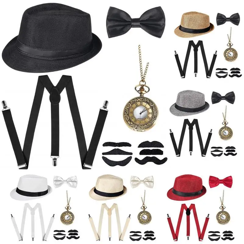 Top Trends: Men's Gatsby Gangster Costume Accessories 1920s Clothing Set Teen 30s Manhattan Gangster Retro Hat Y-Back Suspender Watch Gift Shoppable Styles