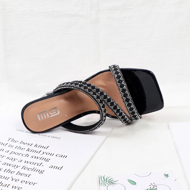 Top Trends: 2022 Summer Oumeifan Fashion Rhinestone Sandals Crystal Heel Straight Rhinestone Square Head Women's Slippers High Heels Shoppable Styles - Image 6