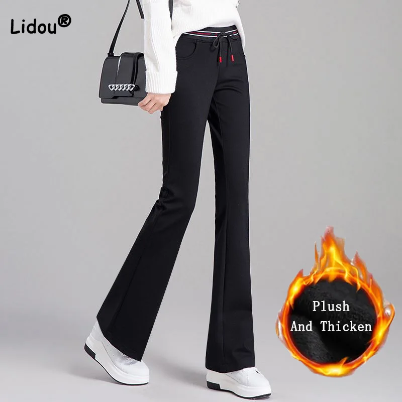 Top Trends: Office Lady Color Striped Elastic High Waist Trousers Autumn Winter Plush And Thicken Warmth All-match Black Micro Flare Pants Shoppable Styles