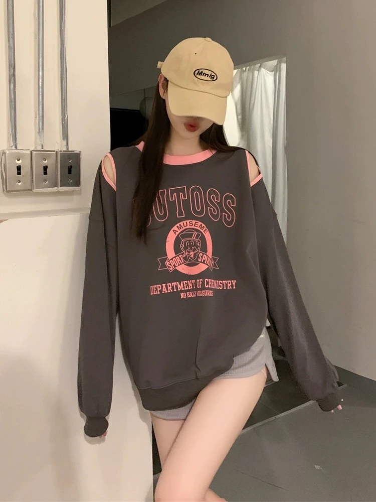 Top Trends: Deeptown Korean Style Long Sleeve Sweatshirts Women Y2k Kpop Letter Oversize Grey Pullover Harajuku Streetwear Off Shoulder Top Shoppable Styles