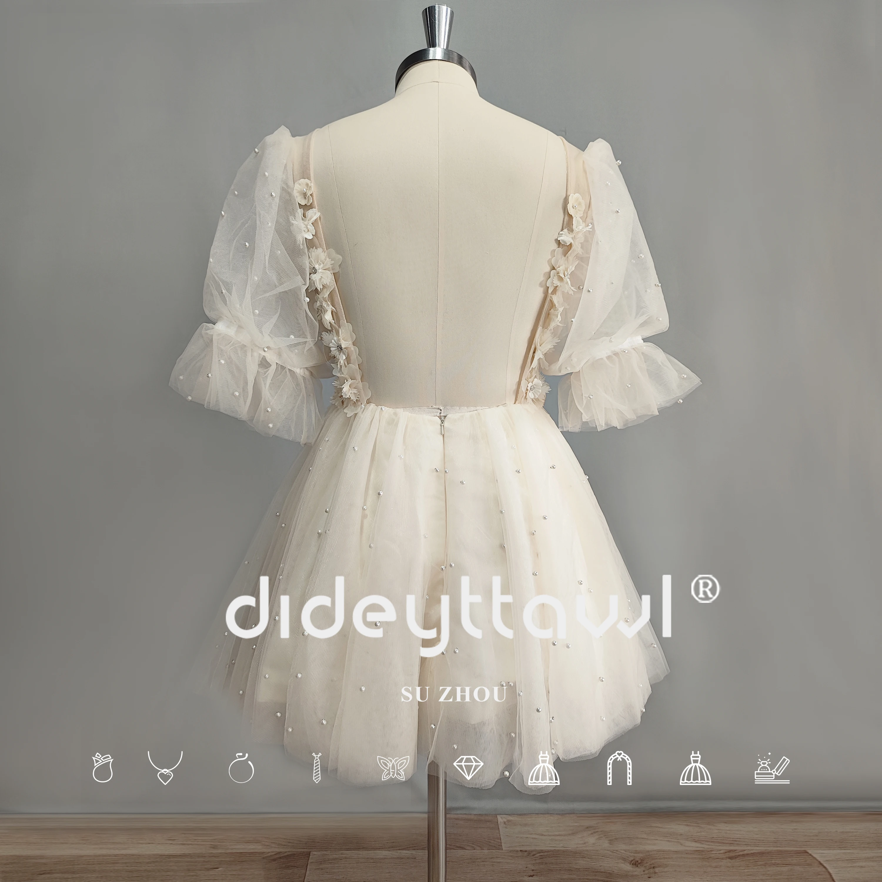 Top Trends: DIDEYTTAWL Real Photo 3D Flowers Puff Sleeves Short Wedding Dress 2024 Pearls Deep V Neck Backless Tulle Mini Bridal Gown Shoppable Styles - Image 2