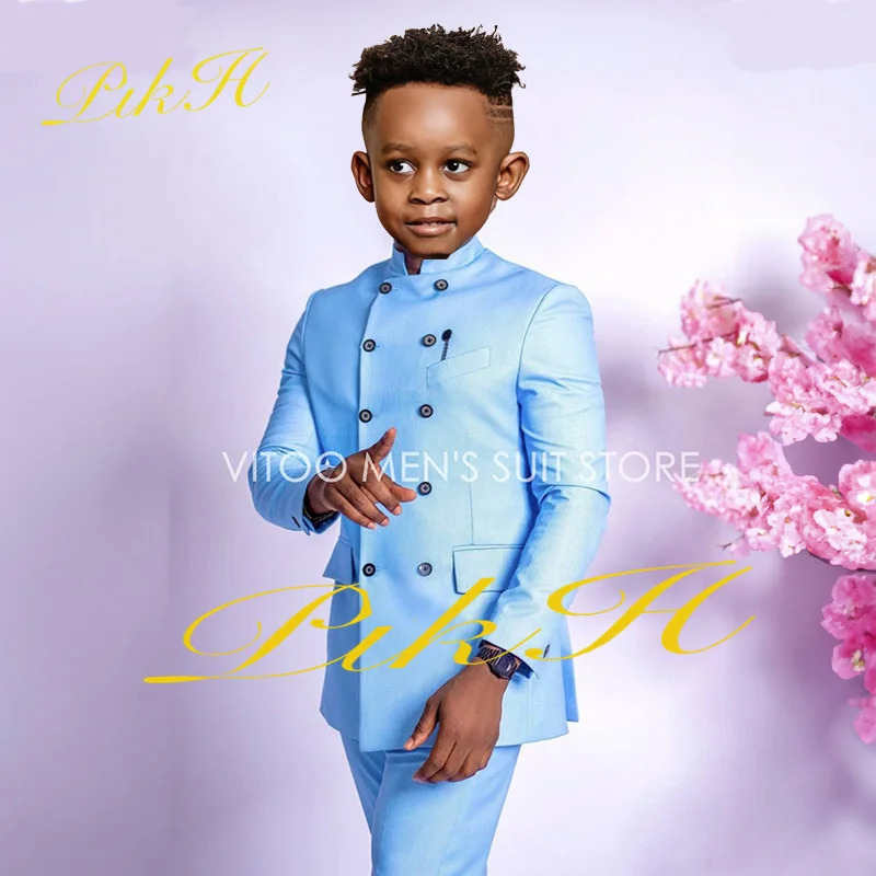 Top Trends: Boys Suit Wedding Double Breasted Jacket Pants 2 Piece Kids Sky Blue Dress Child Full Outfit 2-16 Years Old Shoppable Styles