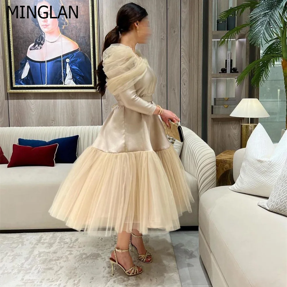 Top Trends: MINGLAN Fashion V Neck Lace Full Sleeve A Line Long Formal Prom Dress Tea Length Pleat Elegant Evening Gowns For Women New 2023 Shoppable Styles - Image 4