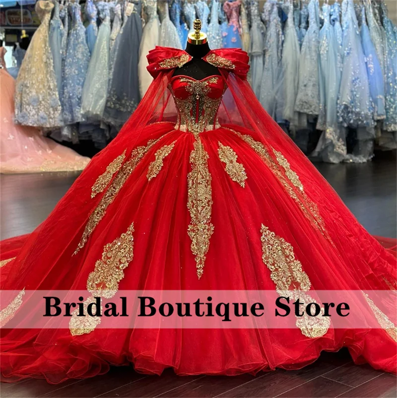 Top Trends: Princess Red Ball Gown Quinceanera Dresses 2024 With Cape Sequins Appliques Beads Sweet 16 Dress Vestidos De 15 Anos Lace-Up Shoppable Styles