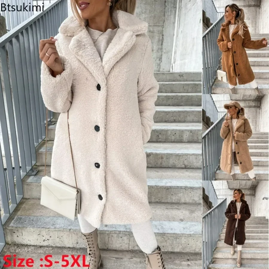 Top Trends: 2024 Women's Winter Faux Wool Blends Warm Coat Single Breasted Outerwear Teddy Plush Overcoats Female Chic Streetwear Coats 5XL Shoppable Styles