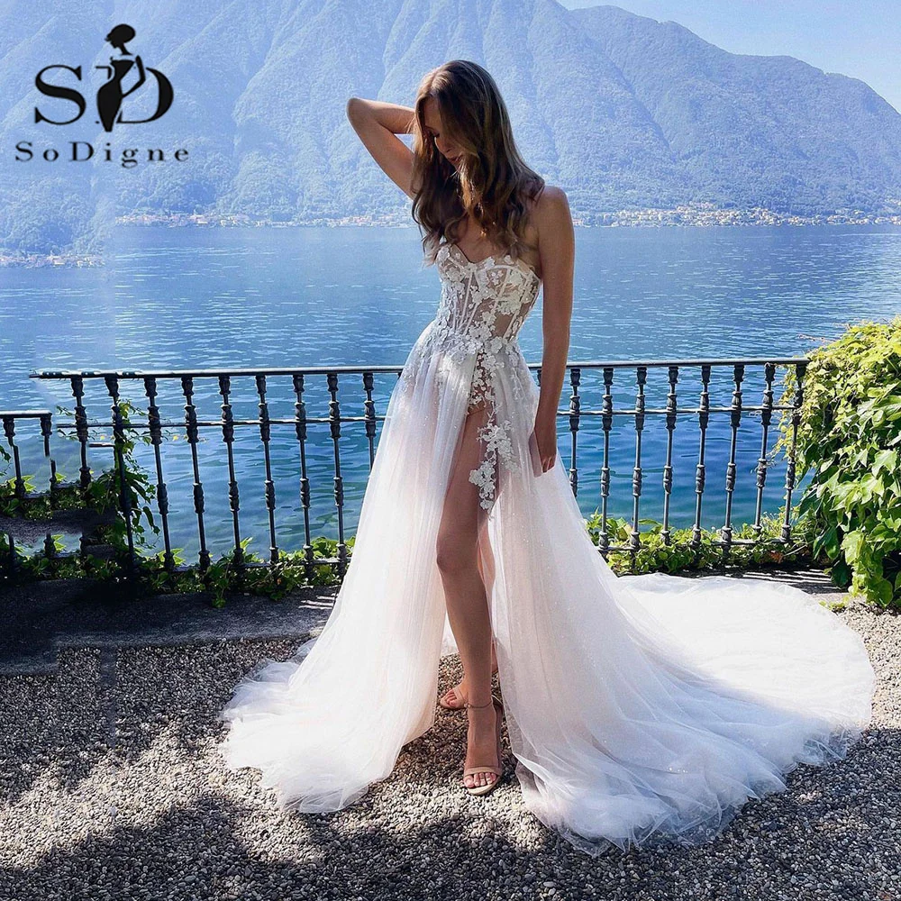 Top Trends: SoDigne Boho Wedding Dresses Glitter Tulle Lace Appliques A-Line Side Split Wedding Gown Sweetheart Corset Bridal Gown Shoppable Styles