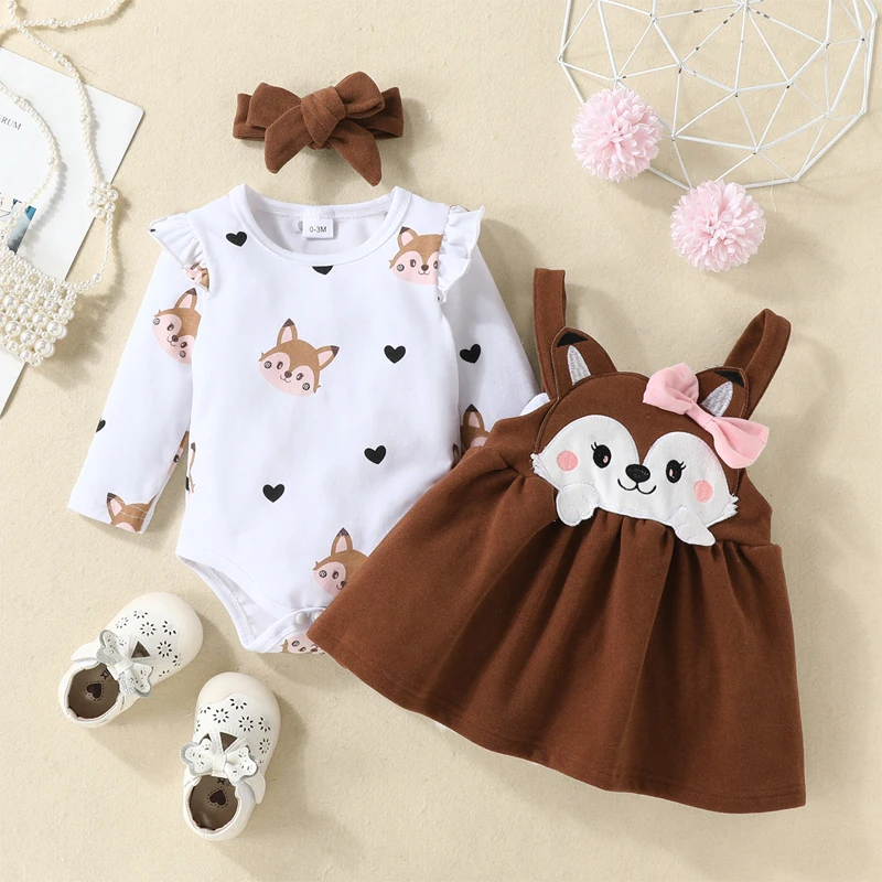 Top Trends: Newborn Baby Set Girl Clothing Printed Long Sleeve Bodysuit Tops Cartoon Fox Bow Dress 0-18 Months Autumn Winter Infant Outfits Shoppable Styles - Image 3