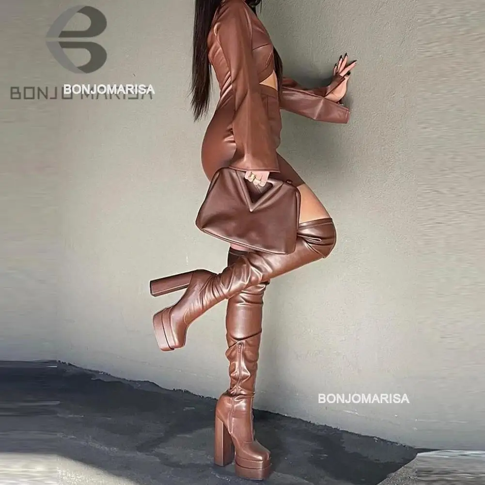 Top Trends: Bonjomarisa Women Thigh High Boots Double Platform Block High Heels Over The Knee Boots Zip Sexy Long Shoes Boots For Woman Shoppable Styles