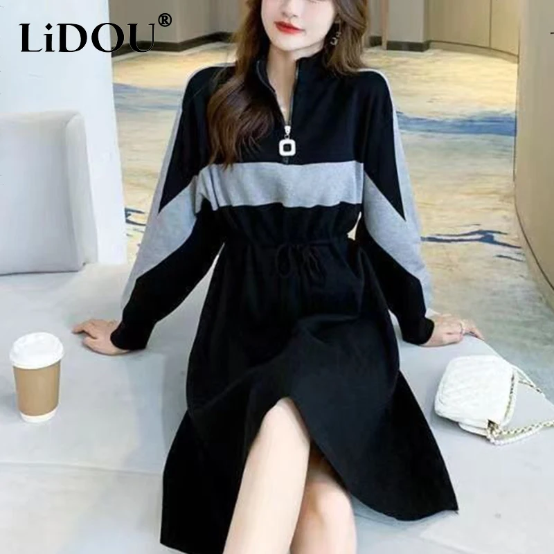 Top Trends: Autumn Winter Lapel Loose Casual Patchwork Sweatshirt Dress Ladies Long Sleeve Lace Up Waist Zipper Robe Vestidos Women Dresses Shoppable Styles