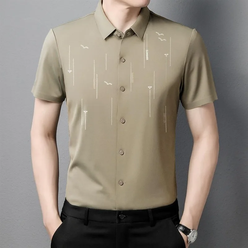 Top Trends: Summer Fashion New Ice Silk Men's T-shirt Short Sleeve Solid Turn-down Collar Striped Business Letter Button Casual Tops Shoppable Styles