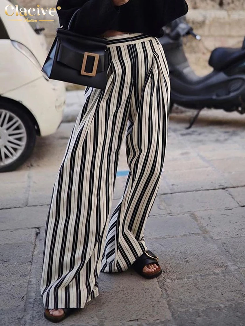 Top Trends: Clacive Fashion Stripe Print Women&#039;S Pants 2023 Elegant High Waist Office Lady Pants Vintage Loose Wide Leg Trousers Female Shoppable Styles