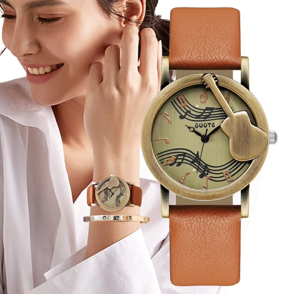 Top Trends: Vintage Note Guitar Design Women's Quartz Watch 2024 Hot Selling Casual Fashion Brown Leather Strap Ladies Dress Clock Watches Shoppable Styles