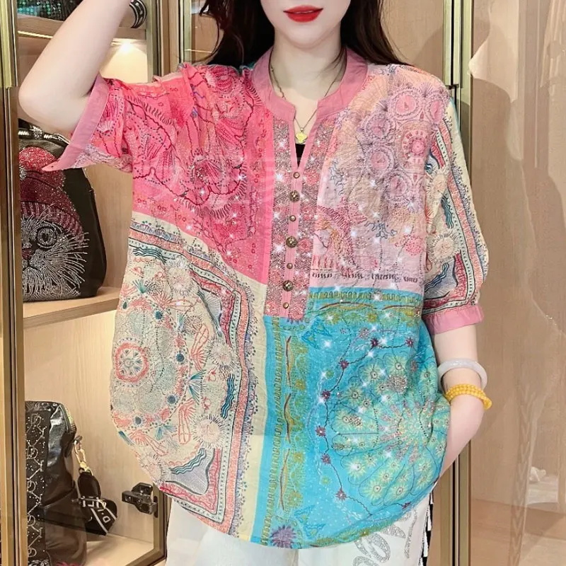 Top Trends: Casual Half Open Collar Blouse Beading Button Summer Vintage Printed Half Sleeve Female Clothing Loose Stylish Diamonds Shirt Shoppable Styles