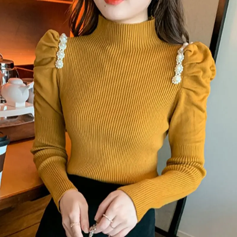 Top Trends: Fashion Stand Collar Beading Puff Sleeve Sweaters Women's Clothing 2023 Autumn Winter Solid Color Sweet Pullovers Commuter Tops Shoppable Styles