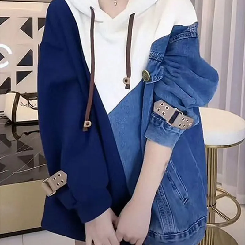 Top Trends: Female Clothing Denim Patchwork Hooded Sweatshirts Stylish Autumn Winter Korean Casual Loose Contrasting Colors Pockets Tops Shoppable Styles