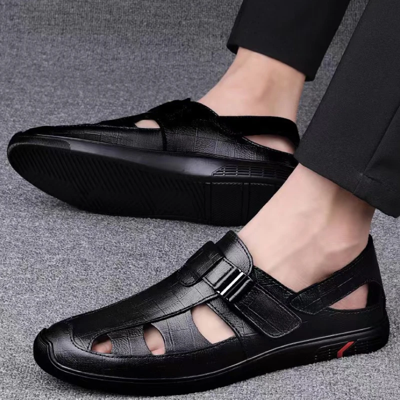 Top Trends: Summer Men Leather Shoes Round Toe Solid Color Hollow Sandals Non-slip Soft Bottom Mens Fashion Flats Sandalias Para Hombres Shoppable Styles