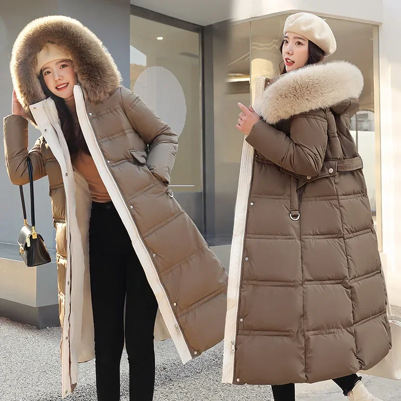 Top Trends: Winter Long Parka Women Big Fur Collar Hooded Puffer Jacket Thickened Slim Belt Over The Knee Cotton-padded Jacket Korean Coat Shoppable Styles